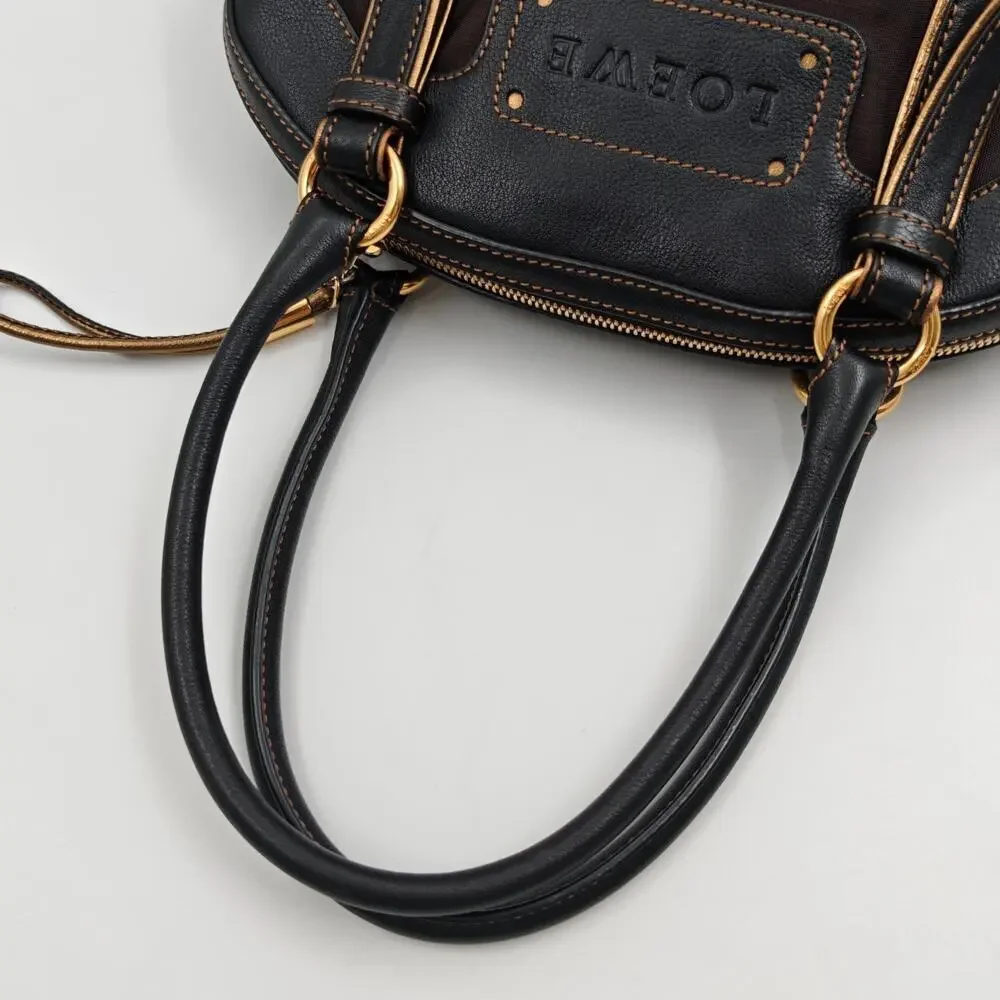 Vintage Loewe Anagram Black Nylon Leather Handbag Shoulder Bag
